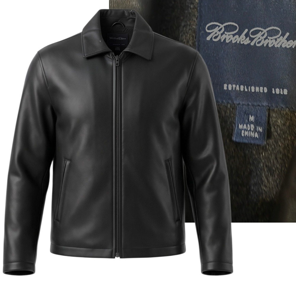 Brooks Brothers Leather Jacket Men M Black Full Zip Wool Blend Lining Harrington